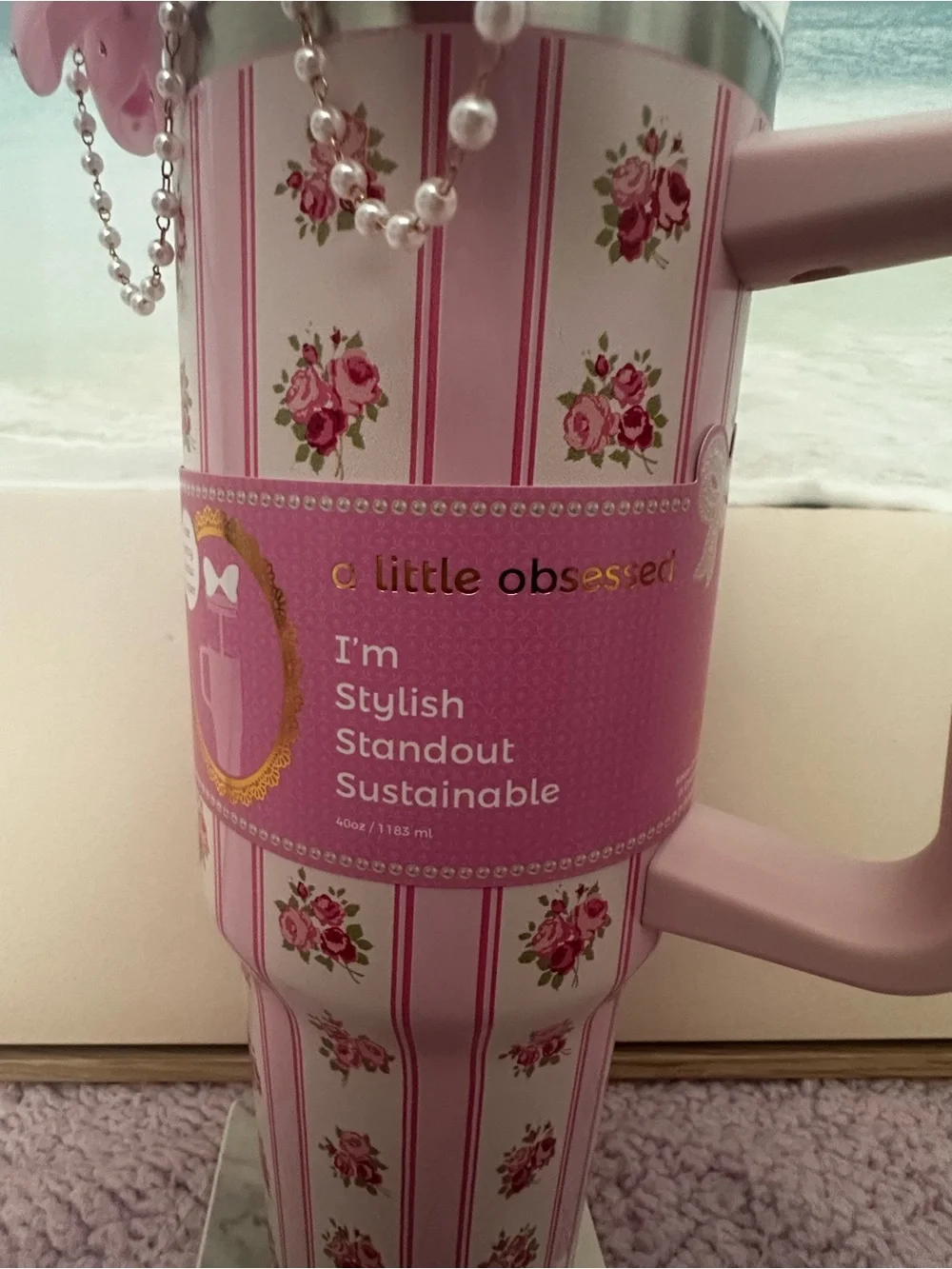 Pink Floral Striped Travel Tumbler with Bow Lid